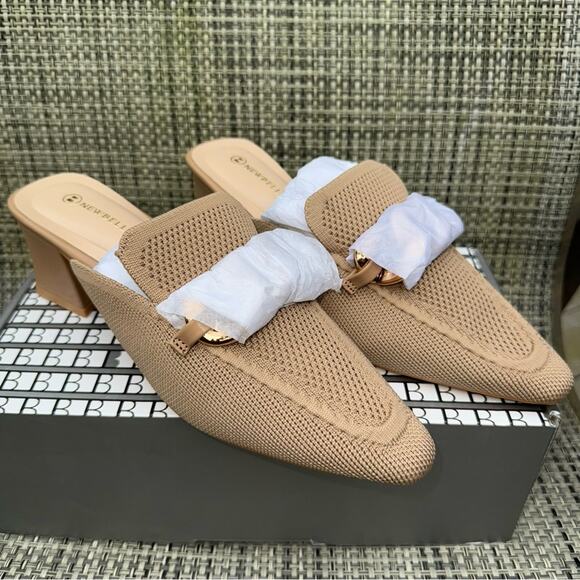 Newbella NWT Women's Knit Mesh Pointed Toe Heeled Mules Gold Link Apricot Size 8 - Picture 6 of 10